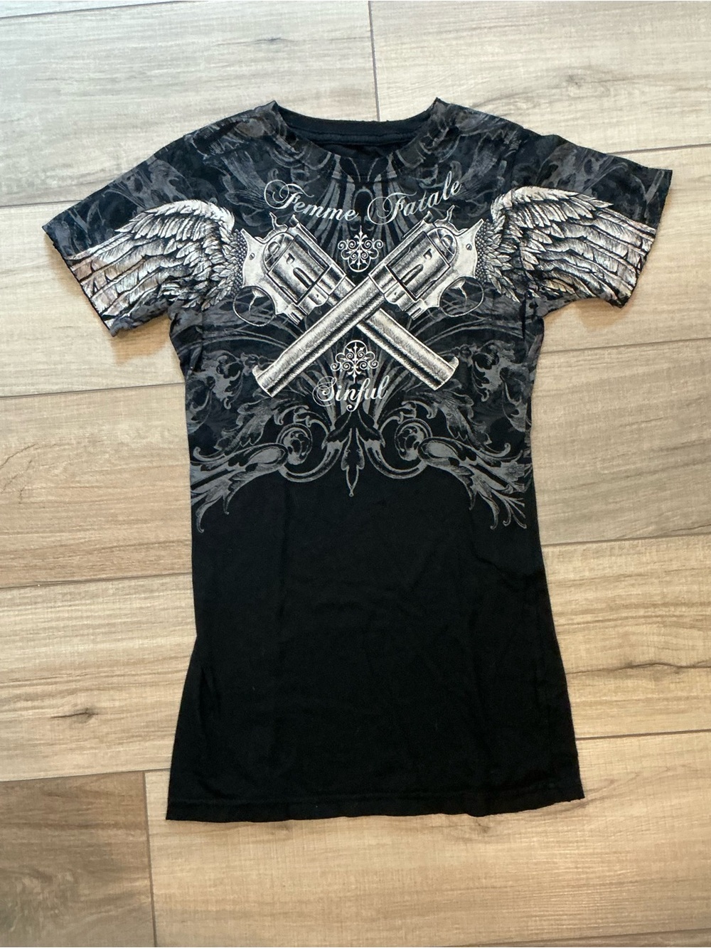 Sinful Black Tee with Gray Gothic Script